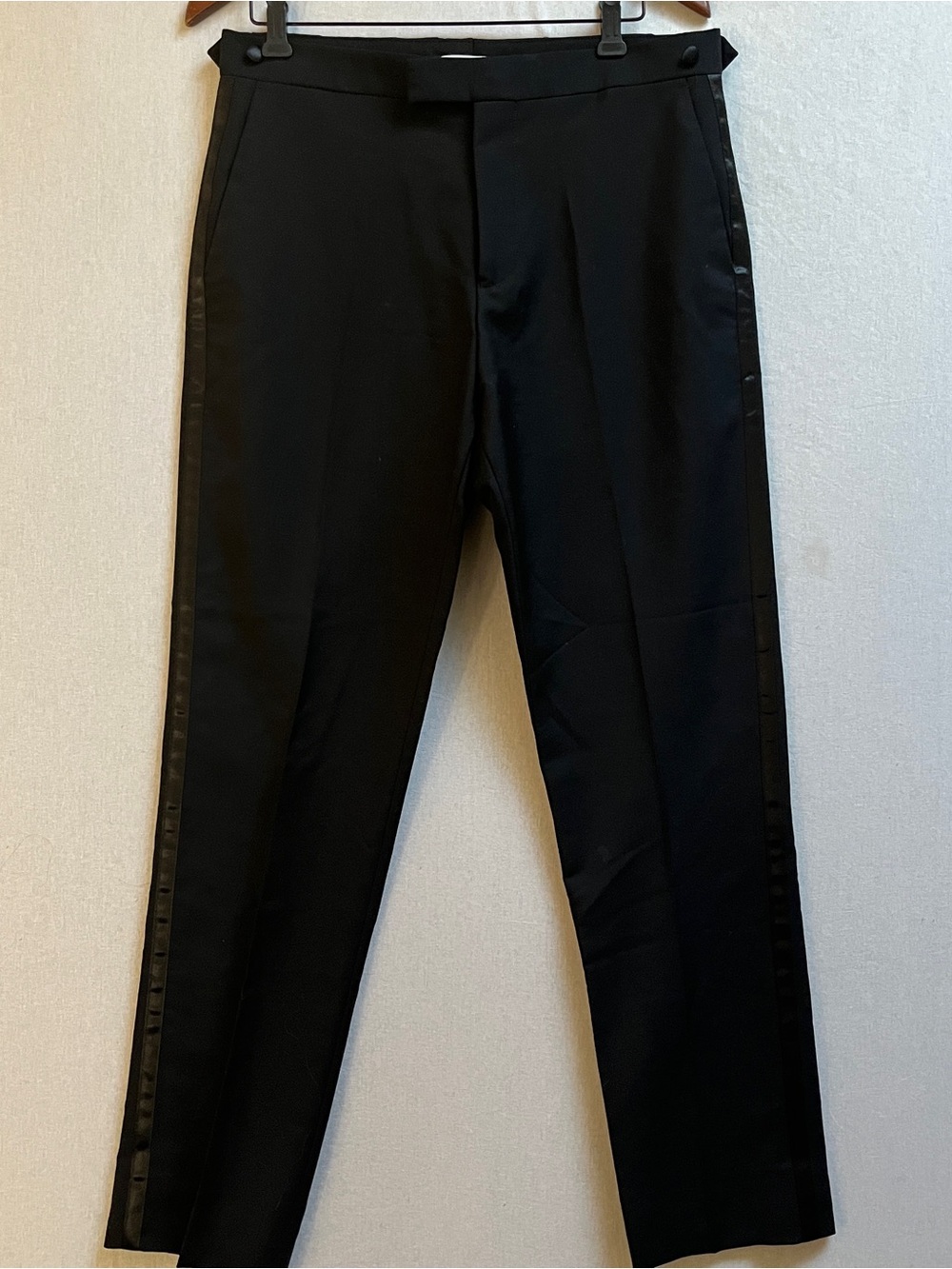 Reiss Mens Size 32 Black Wool Mohair Satin Side Stripe Dress Trousers